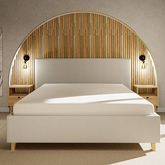 Łóżko tapicerowane z pojemnikiem w materiale len plecionka naturalne barwy 7
