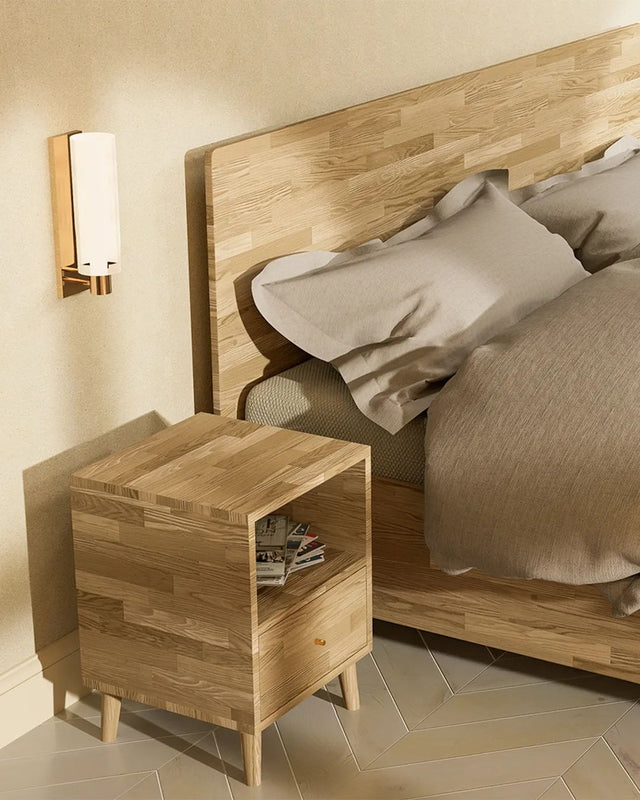 Łóżko drewniane dębowe ze skrzynią na pościel z pojemnikiem do przechowywania 5
