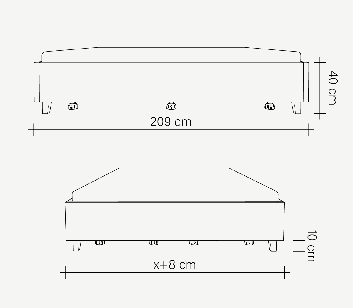 Rysunek wymiarowy łóżka z pojemnikiem Flat