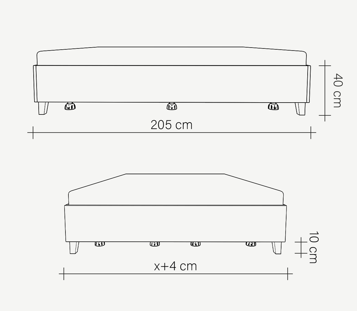 Rysunek wymiarowy łóżka z pojemnikiem Flat