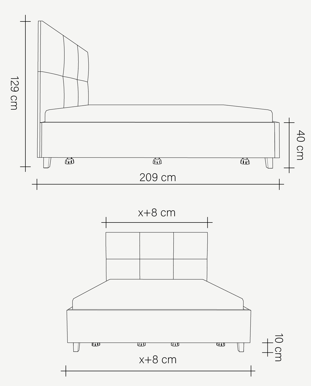 Rysunek wymiarowy łóżka z pojemnikiem Piko