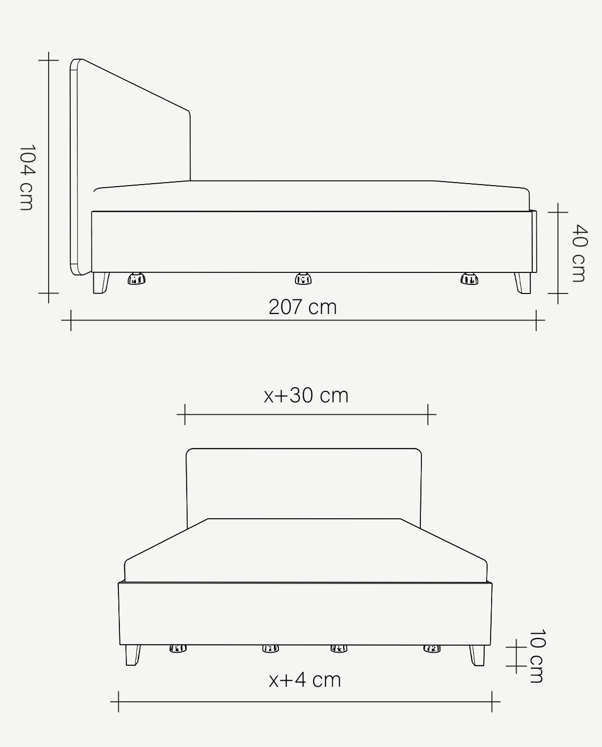Rysunek wymiarowy łóżka z pojemnikiem Slim