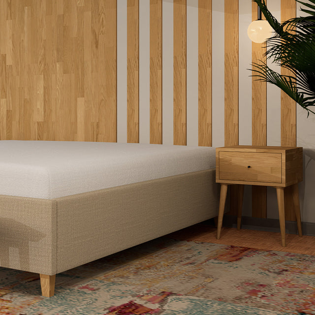 Łóżko płaskie tapicerowane z pojemnikiem flat bez wezgłowia do minimalistycznej sypialni 4